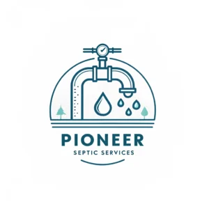 A professional plumbing logo for a company named Pioneer Septic Services, featuring septic or plumbing elements like pipes or water drops, minimalist and modern style.