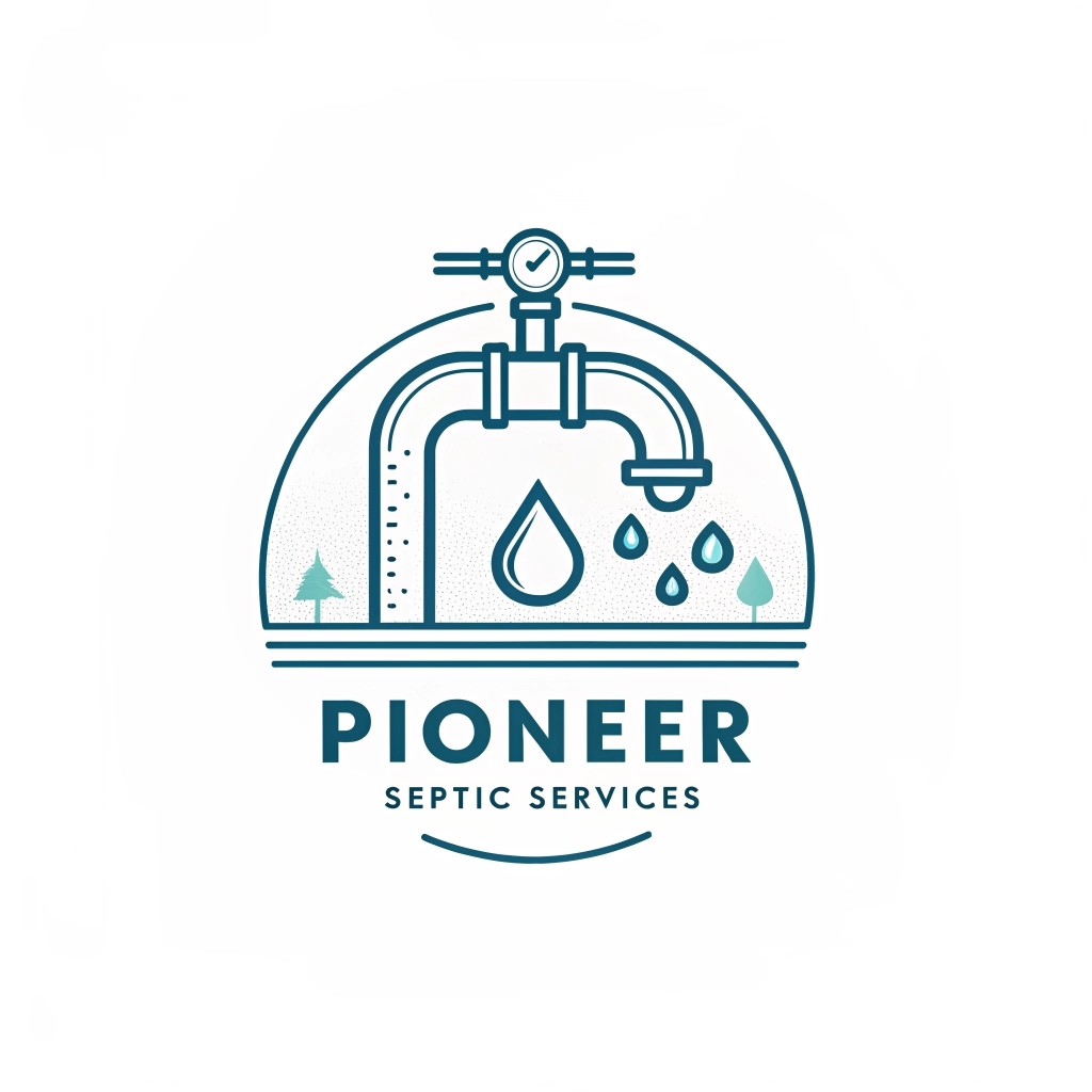 A professional plumbing logo for a company named Pioneer Septic Services, featuring septic or plumbing elements like pipes or water drops, minimalist and modern style.